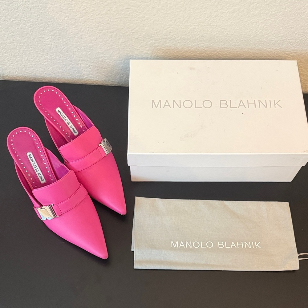 Manolo Blahnik Fuchsia Mules with Silver Buckle - Picture 6 of 15